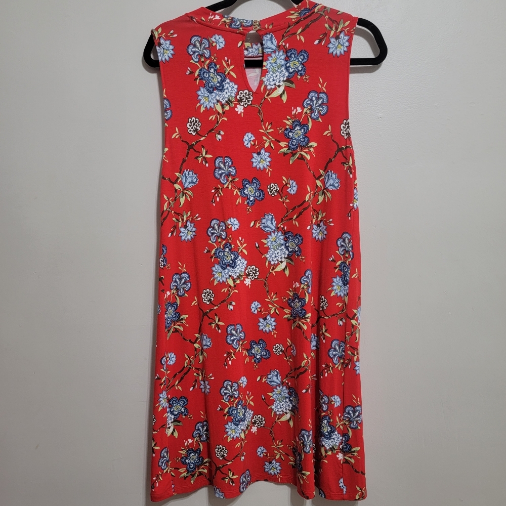 LOFT Vine Neck Mock Swing Dress Red Floral Medium Petite - Picture 6 of 8